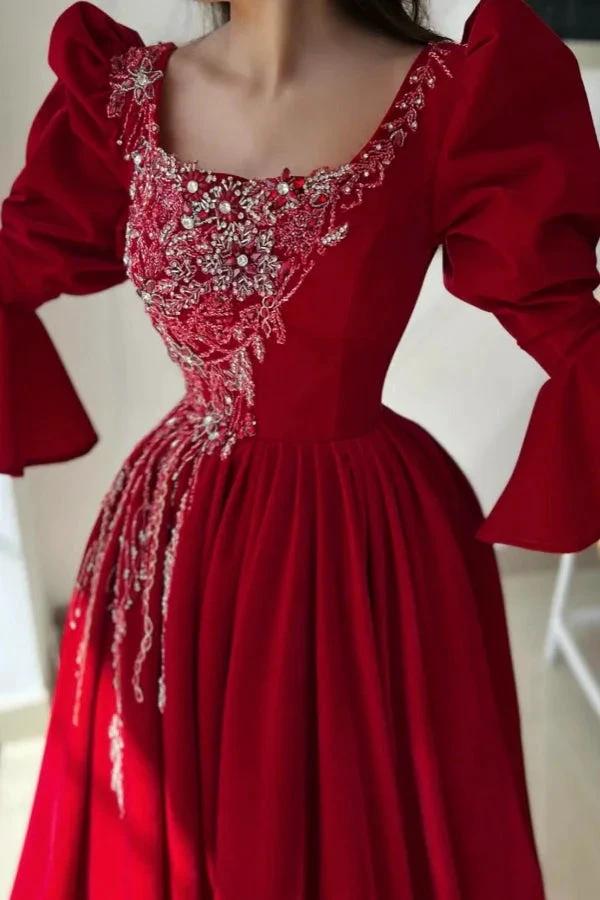 Obsessing Long Red A-line Square Neck Lace Prom Dress with Long Sleeves - Image 2