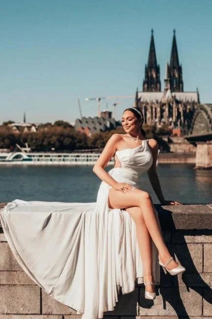 Obsessing Long White One Shoulder Sleeveless Beading Wedding Dress with Slit - Image 6