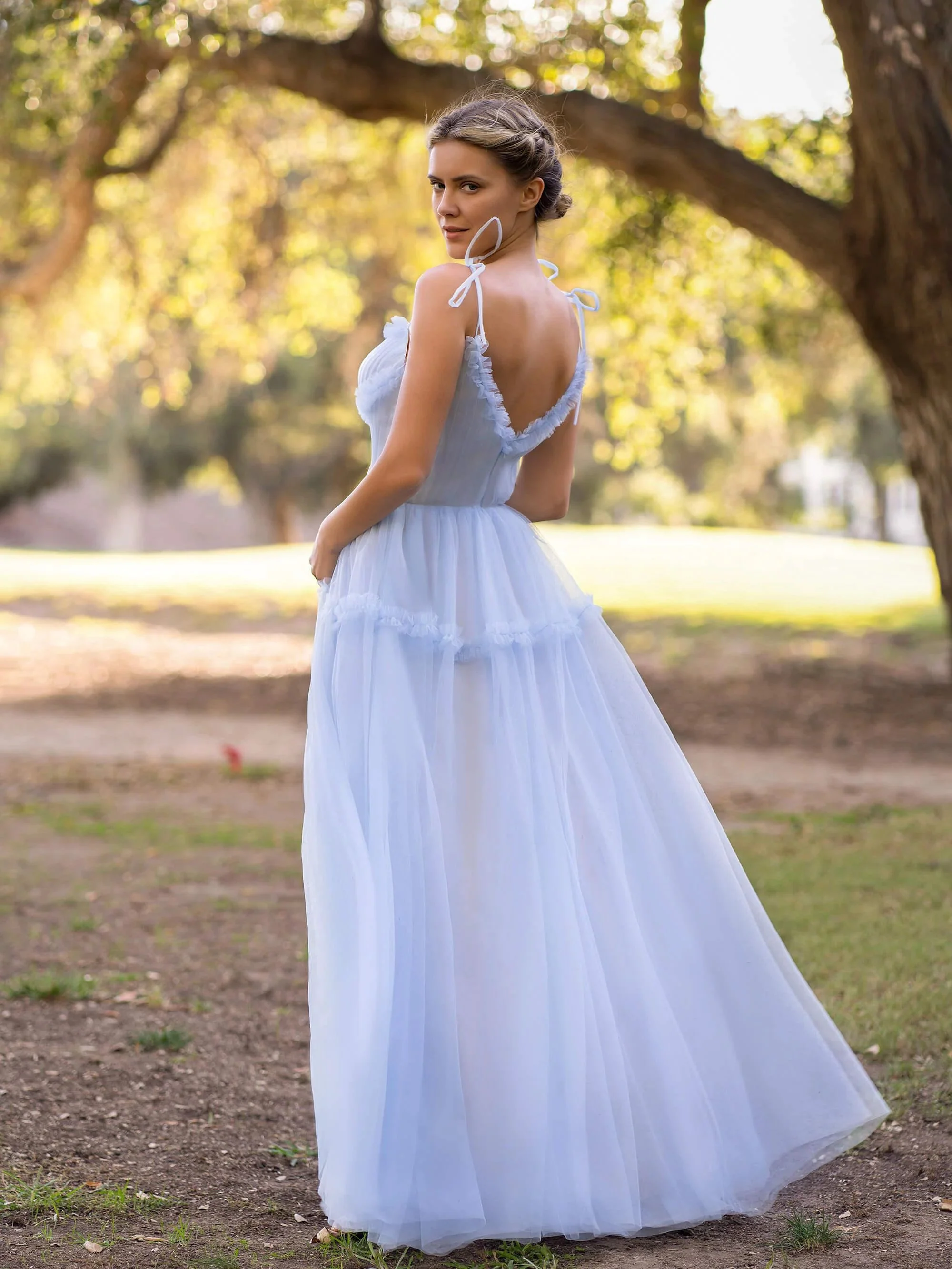 A-line Ocean Wave Tie-straps tulle long prom dress - Image 2