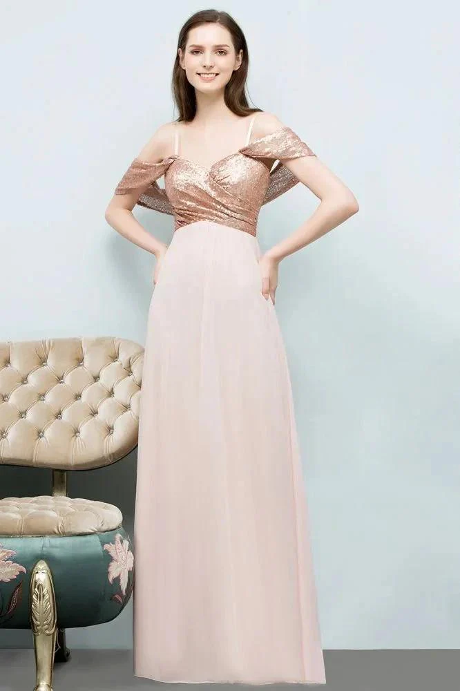 Off-shoulder A-line Sweetheart Spaghetti Long Sequins Chiffon Prom Dresses - Image 4