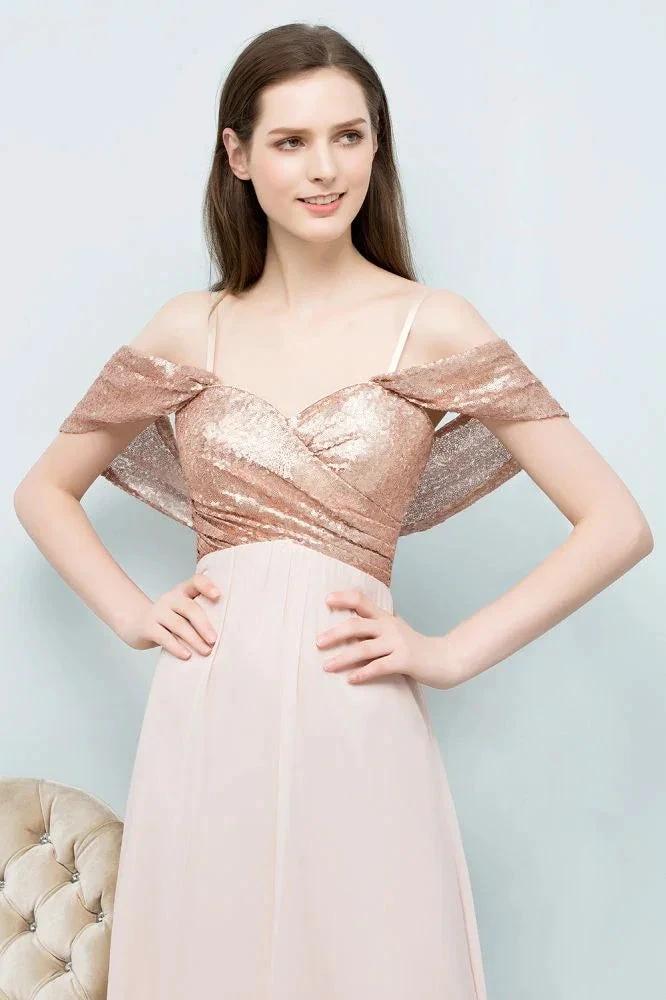 Off-shoulder A-line Sweetheart Spaghetti Long Sequins Chiffon Prom Dresses - Image 8