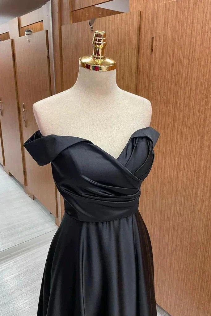 Off Shoulder Black Satin Long Prom Dress, Long Black Formal Graduation Evening Dress Y201 - Image 2