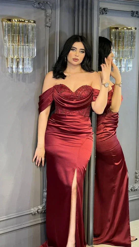 Off Shoulder Burgundy High Slit Long Evening Dress Custom Mermaid Prom Dress Y6006 - Image 2
