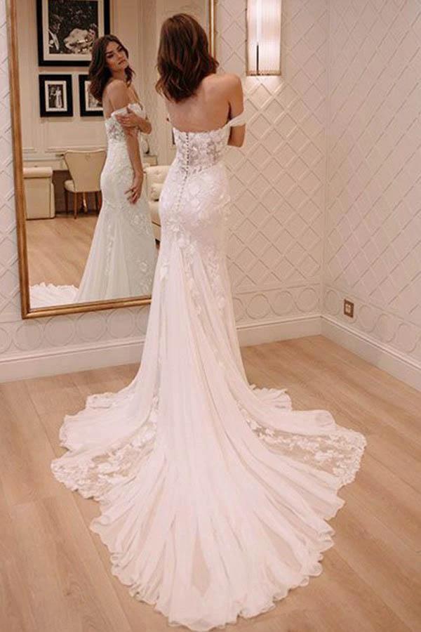 Off Shoulder Court Train Chiffon Wedding Dress with Lace Appliques WD220 - Image 2
