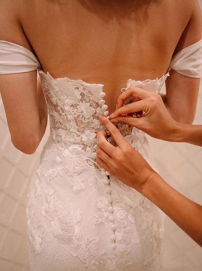 Off Shoulder Court Train Chiffon Wedding Dress with Lace Appliques WD220 - Image 3