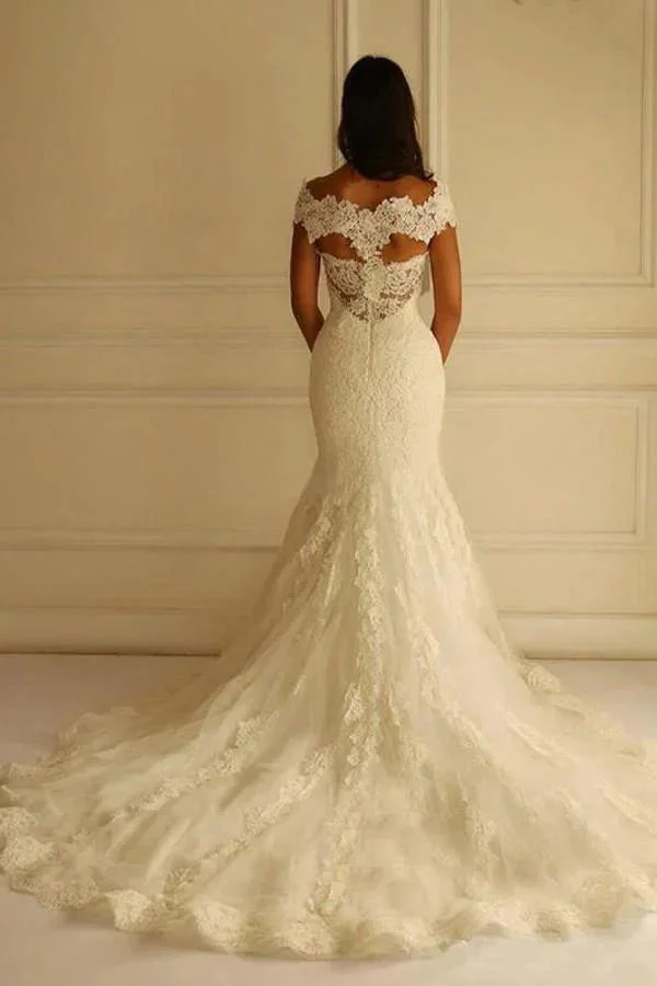 Off Shoulder Court Train Short Sleeves Mermaid Lace Wedding Dress WD104 - Image 2