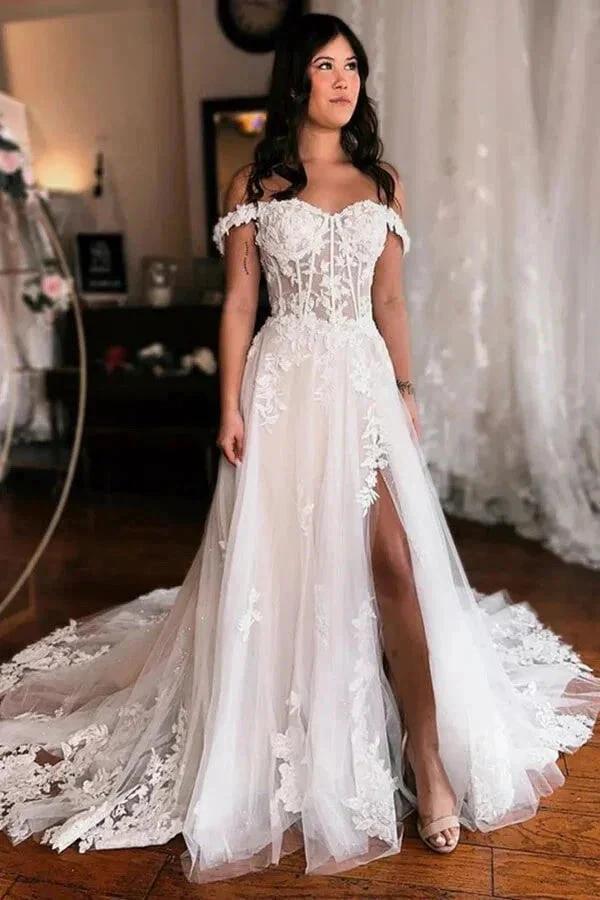 Off Shoulder Elegant Wedding Dress Boho Wedding Dress With Slit  WD735 - Image 2
