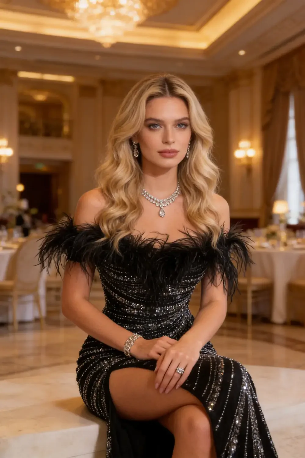 Off Shoulder Feather Trim Mermaid Evening Gown With Rhinestones - Image 3