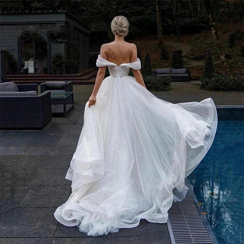 Off Shoulder Glitter Tulle Wedding Dresses Sweetheart Straps Bridal Gowns For Bride Robe De Mariée Beach Sweep Train For Women - Image 2