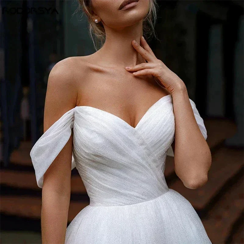 Off Shoulder Glitter Tulle Wedding Dresses Sweetheart Straps Bridal Gowns For Bride Robe De Mariée Beach Sweep Train For Women - Image 3