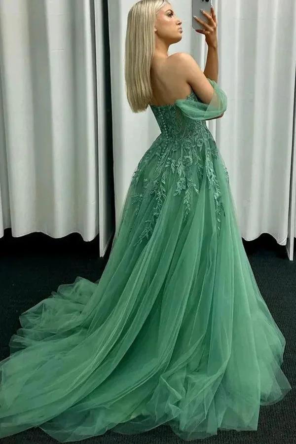 Off Shoulder Green Lace Long Prom Dresses Green Formal Gown PSK549 - Image 2