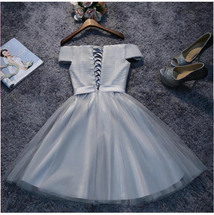 Off Shoulder Grey Tulle Short Prom Dresses Homecoming Dresses PD111 - Image 2