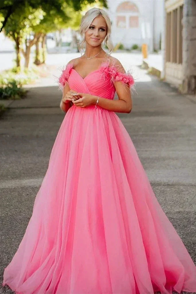 Off Shoulder Hot Pink Tulle Long Prom Dress, Long Hot Pink Tulle Formal Graduation Evening Dress Y1493 - Image 3