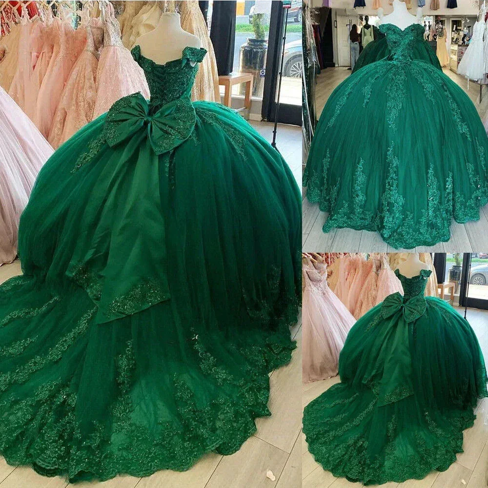 Off Shoulder Lace Tulle Quinceanera Dresses Dark Green Applique Ball Gown Y4080 - Image 2