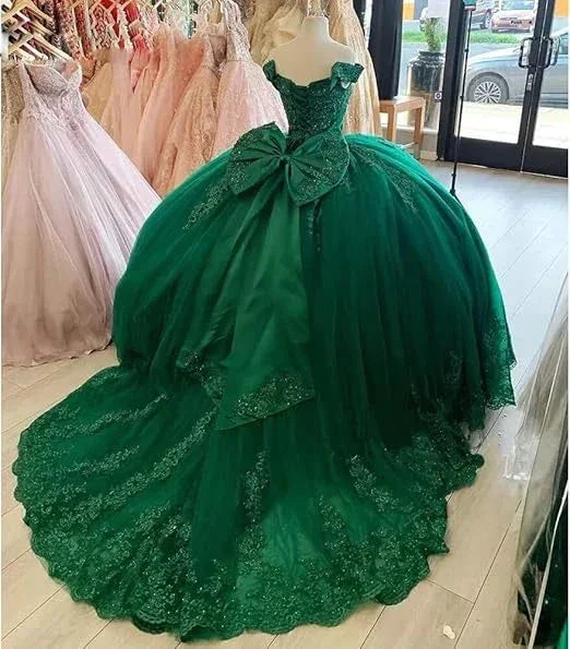 Off Shoulder Lace Tulle Quinceanera Dresses Dark Green Applique Ball Gown Y4080 - Image 3