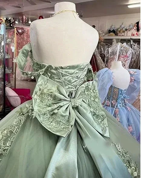 Off Shoulder Lace Tulle Quinceanera Dresses Dark Green Applique Ball Gown Y4080 - Image 4