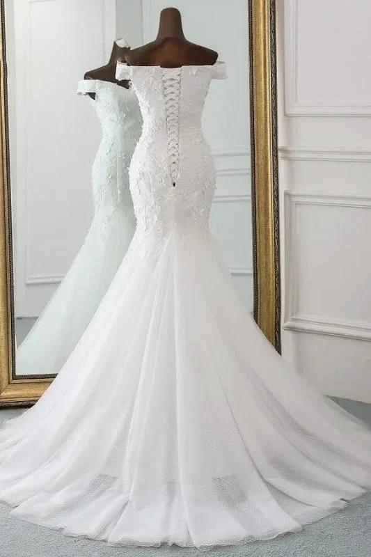 Off Shoulder Lace-up Applique Pretty Mermaid Elegant Wedding Dresses - Image 2
