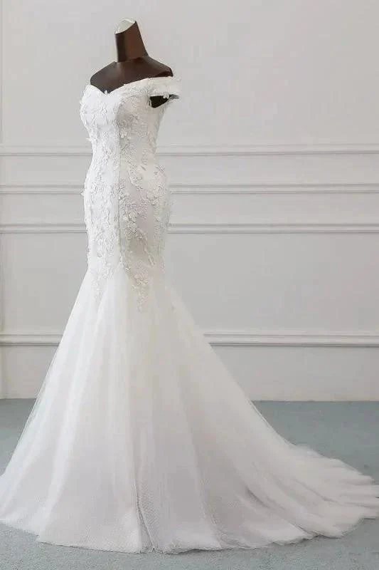 Off Shoulder Lace-up Applique Pretty Mermaid Elegant Wedding Dresses - Image 3