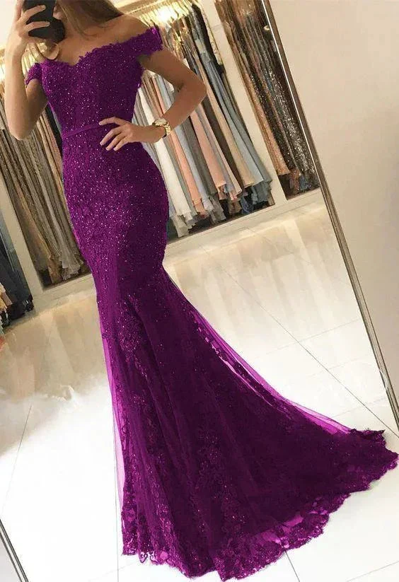 Off Shoulder Lace V-neck Mermaid Prom Dresses Purple Formal Evening Gowns Y198 - Image 2