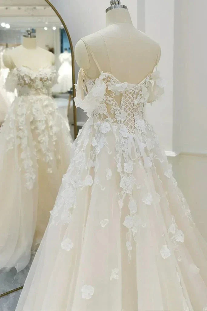 Off Shoulder Light Champagne Tulle Lace Long Wedding Dress Y211 - Image 2
