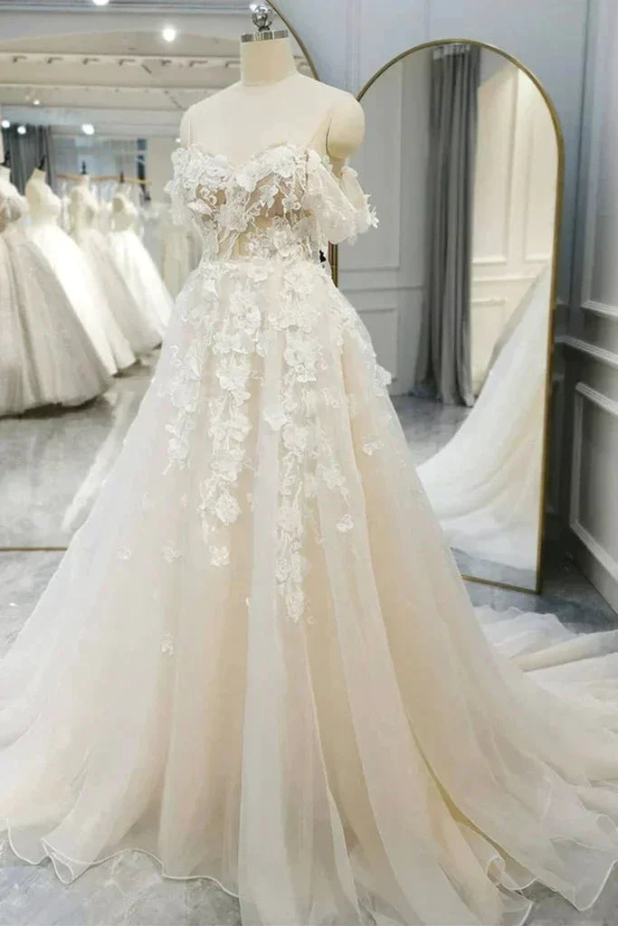 Off Shoulder Light Champagne Tulle Lace Long Wedding Dress Y211 - Image 3