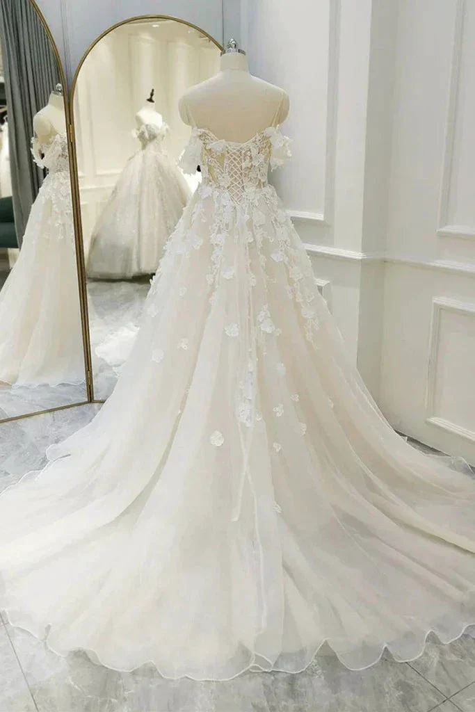 Off Shoulder Light Champagne Tulle Lace Long Wedding Dress Y211 - Image 4