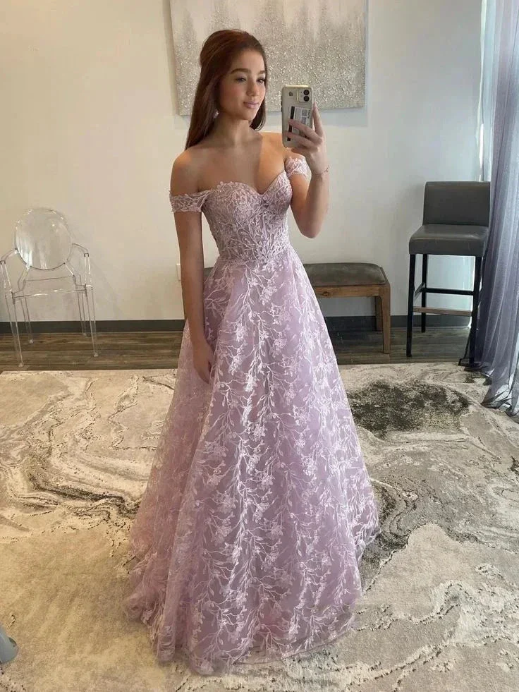 Off Shoulder Lilac Lace Long Prom Dresses Off the Shoulder Formal Dresses Lilac Evening Dresses Y5340 - Image 2