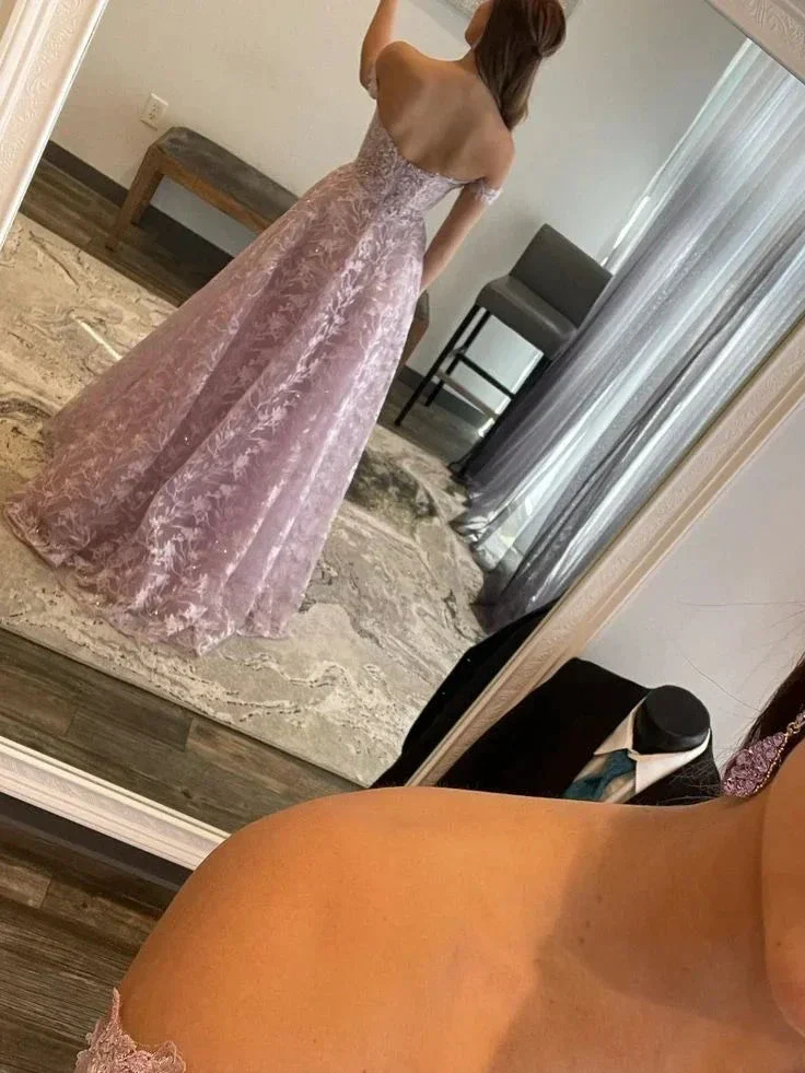 Off Shoulder Lilac Lace Long Prom Dresses Off the Shoulder Formal Dresses Lilac Evening Dresses Y5340 - Image 4