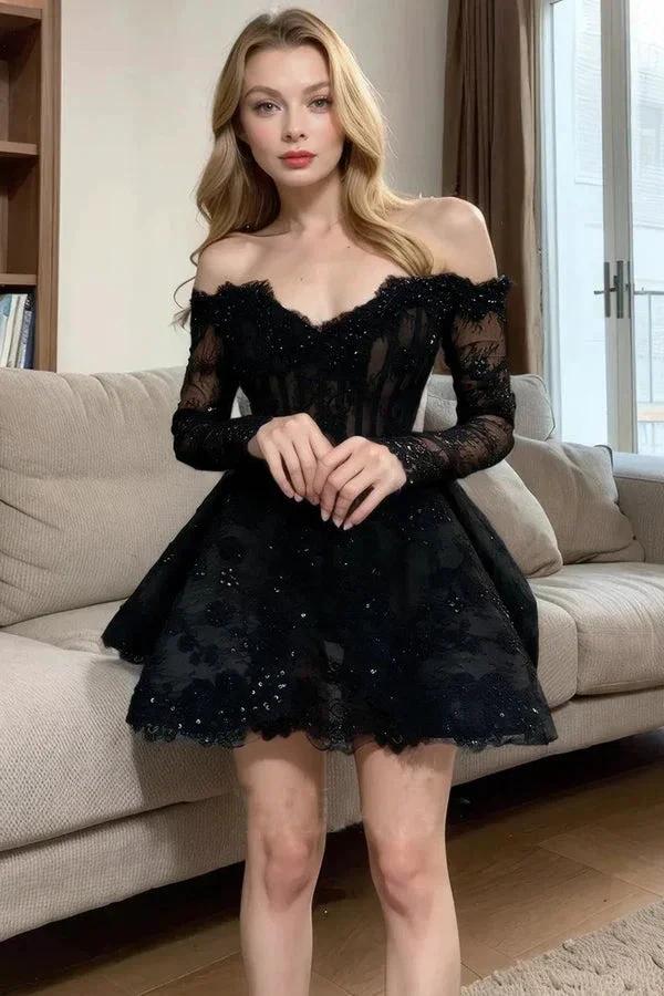 Off-Shoulder Long Sleeve Black Homecoming Dress With Beading PD530 - Image 4