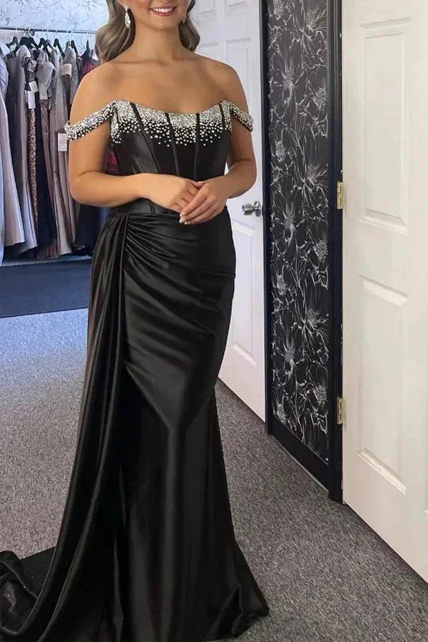 Off-Shoulder Mermaid Black Long Prom Dress With Beading PSK611 - Image 2