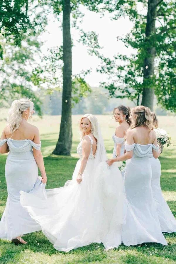 Off-Shoulder Pleated Light Blue Long Bridesmaid Dress with Split BD142 - Image 3