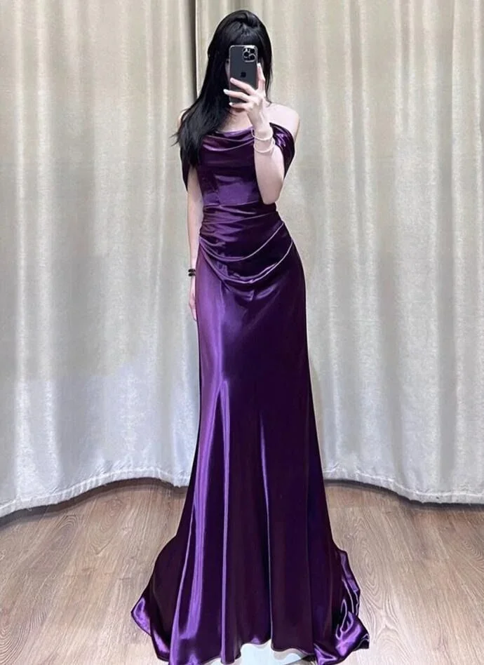 Off Shoulder Purple Satin Long Evening Dress Y7372 - Image 2