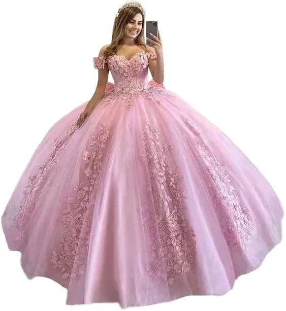 Off Shoulder Quinceanera Dresses for Teens Lace Floral Flower Ball Gown For Sweet 15 16 Puffy Long Princess Dress with Train Y6979 - Image 2
