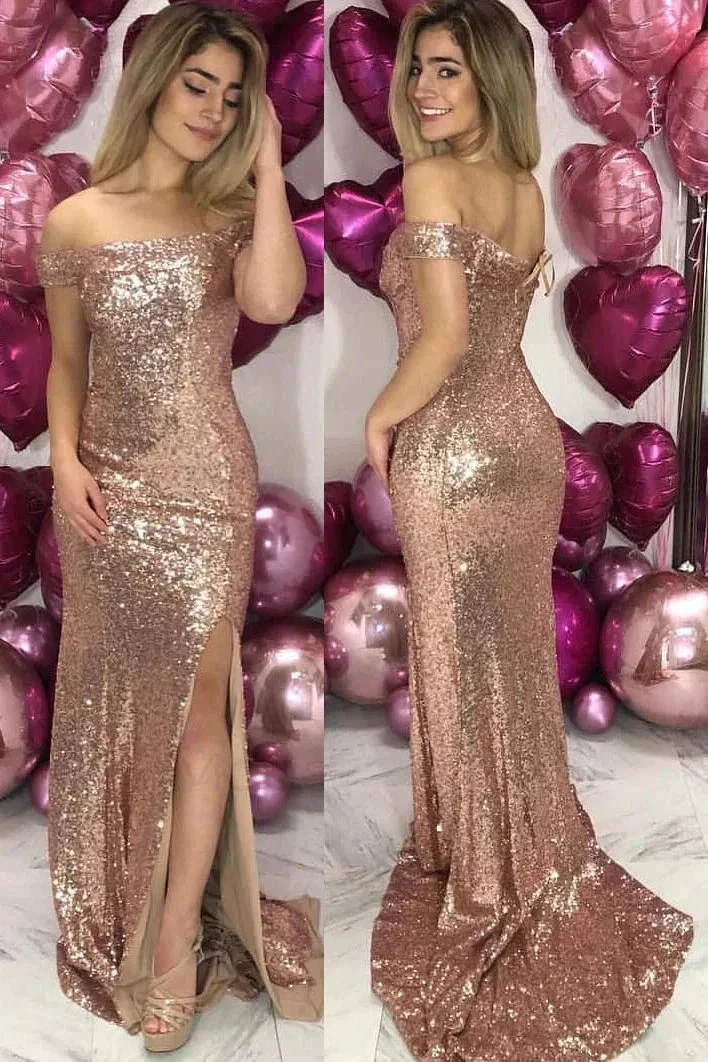 Off Shoulder Rose Gold Sequin Evening Dress with Slit SYP89 - Image 2