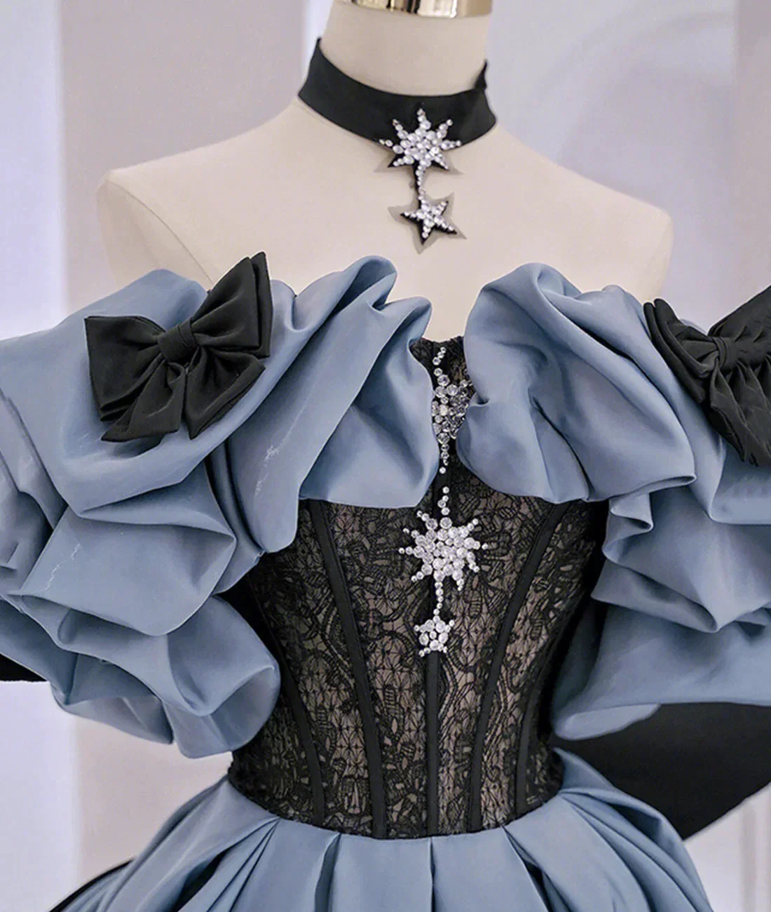 Off Shoulder Satin Lace Long Prom Dress, Blue Evening Dress Y2619 - Image 2