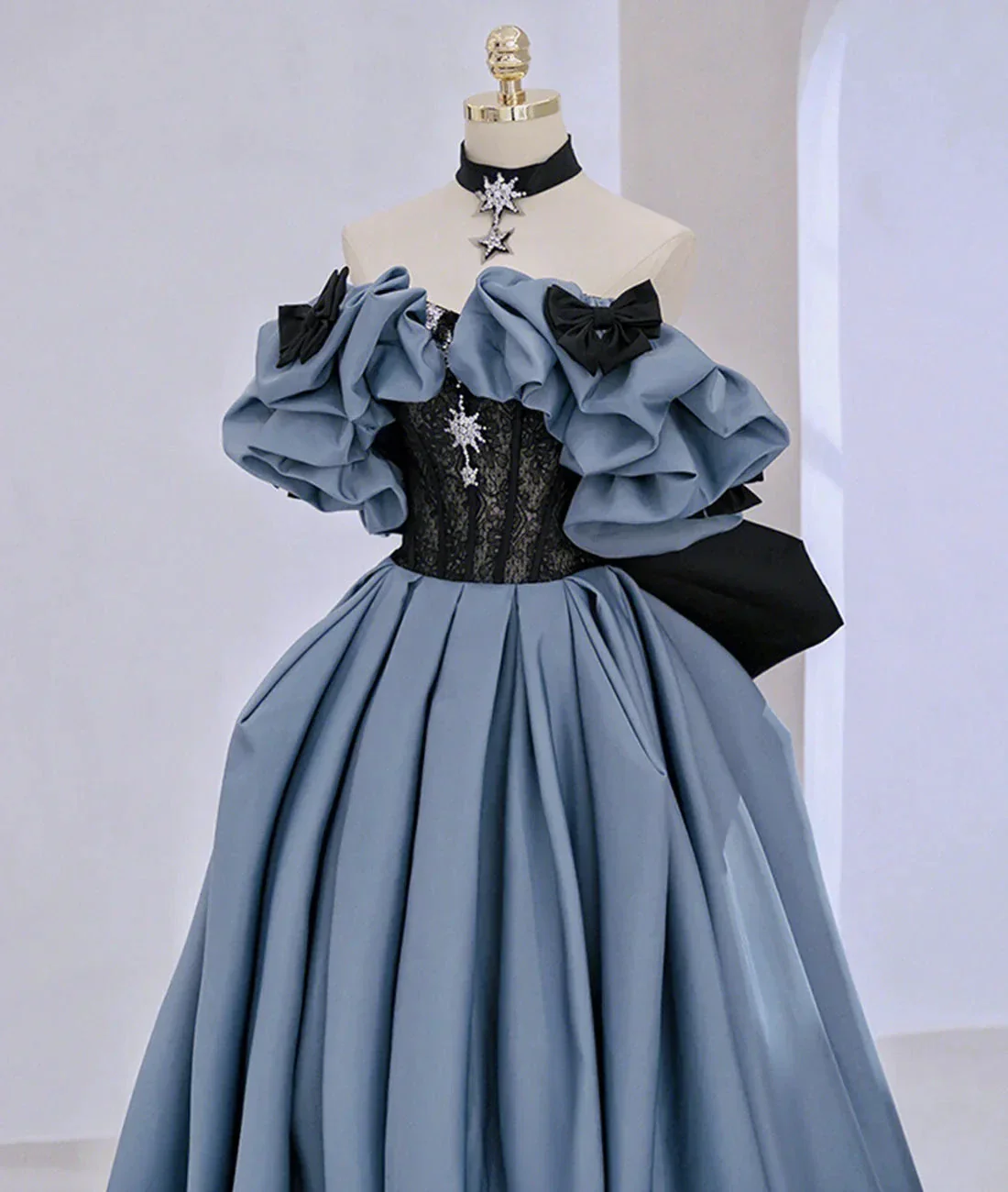 Off Shoulder Satin Lace Long Prom Dress, Blue Evening Dress Y2619 - Image 3