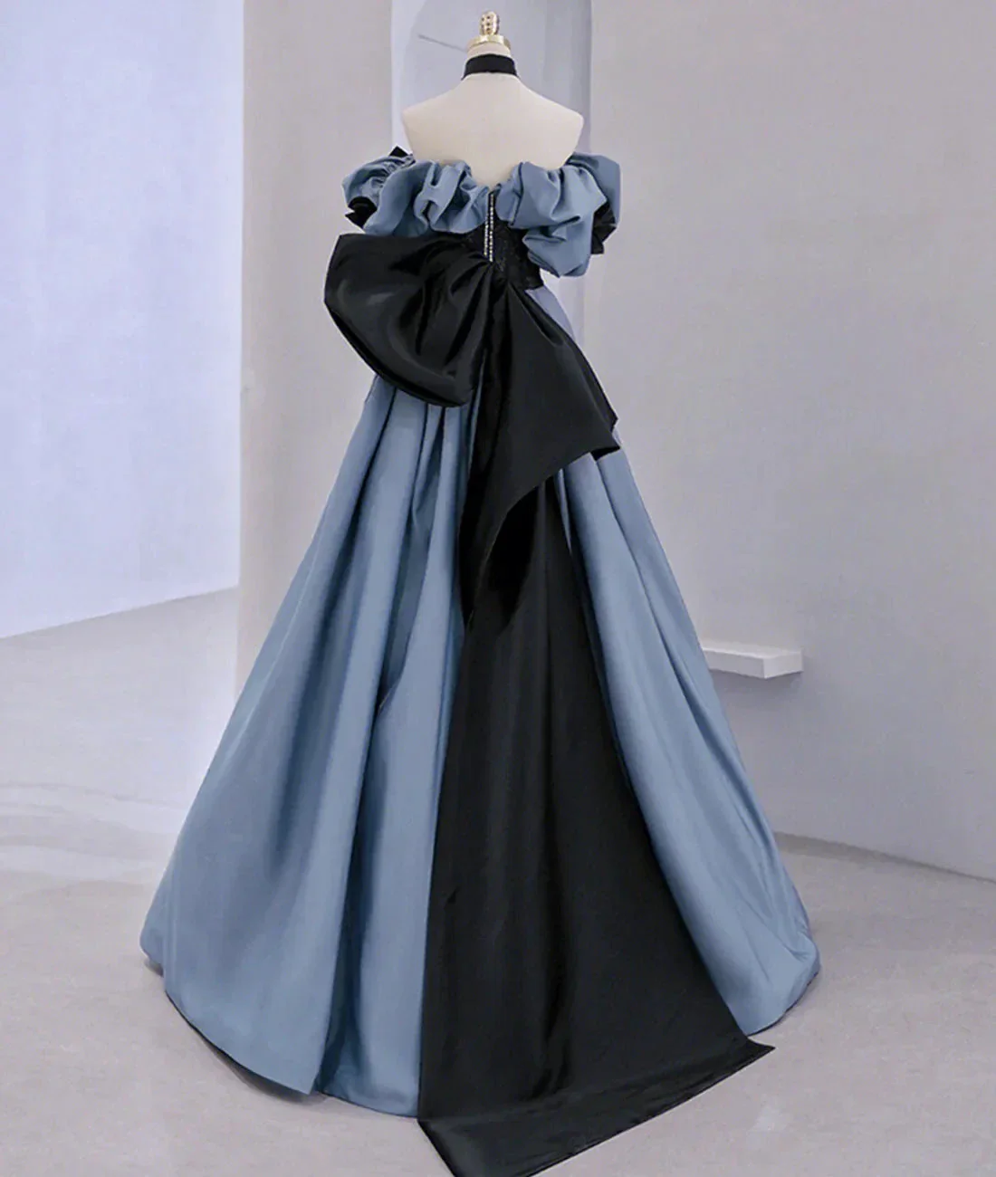 Off Shoulder Satin Lace Long Prom Dress, Blue Evening Dress Y2619 - Image 4