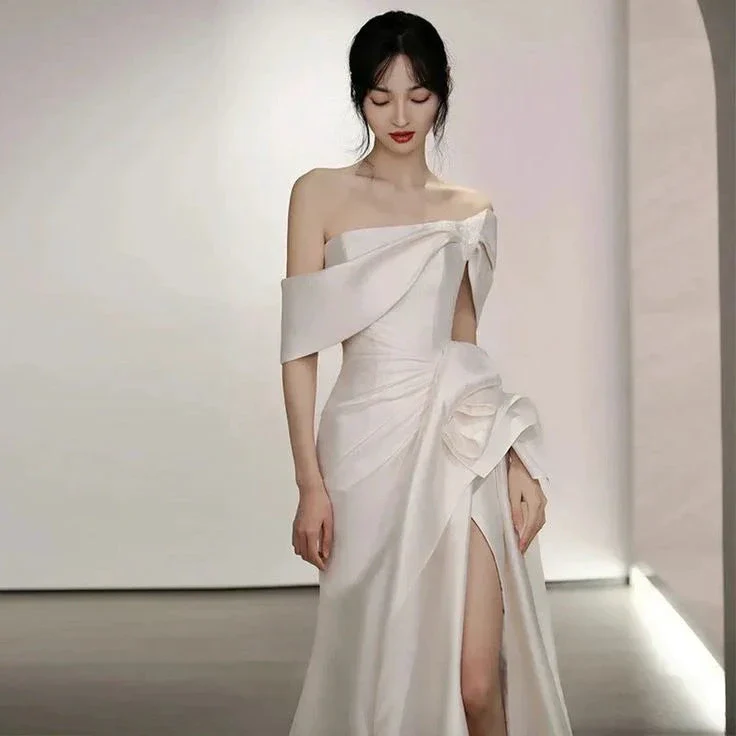 Off Shoulder Satin Wedding Dress White Mermaid Long Bridal Gown with Slit Y7336 - Image 2