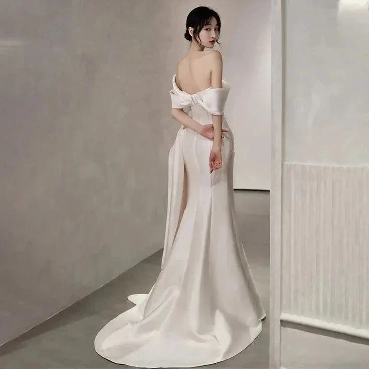 Off Shoulder Satin Wedding Dress White Mermaid Long Bridal Gown with Slit Y7336 - Image 3