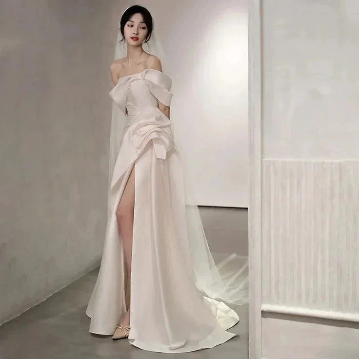 Off Shoulder Satin Wedding Dress White Mermaid Long Bridal Gown with Slit Y7336 - Image 4