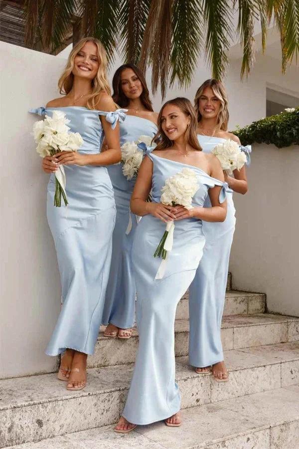 Off-Shoulder Sheath Pleated Satin Light Blue Bridesmaid Dress BD136 - Image 2