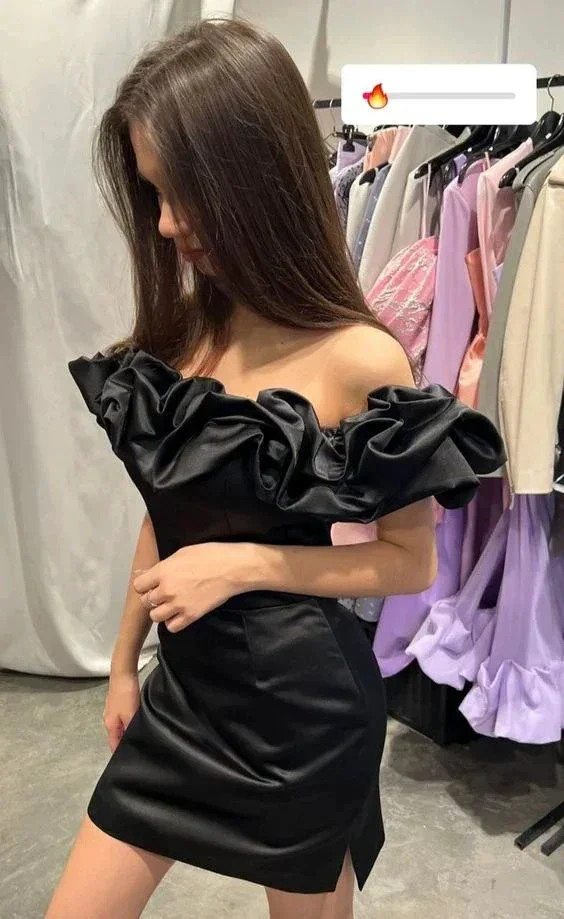 Off Shoulder Short Sleeve Frill Mini Dress Hot Sale Black Homecoming Dress Y400 - Image 4