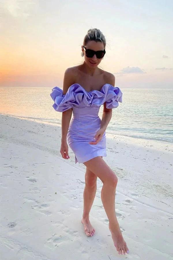 Off Shoulder Sleeveless Satin Mini Homecoming Dress With Ruffles PD540 - Image 3