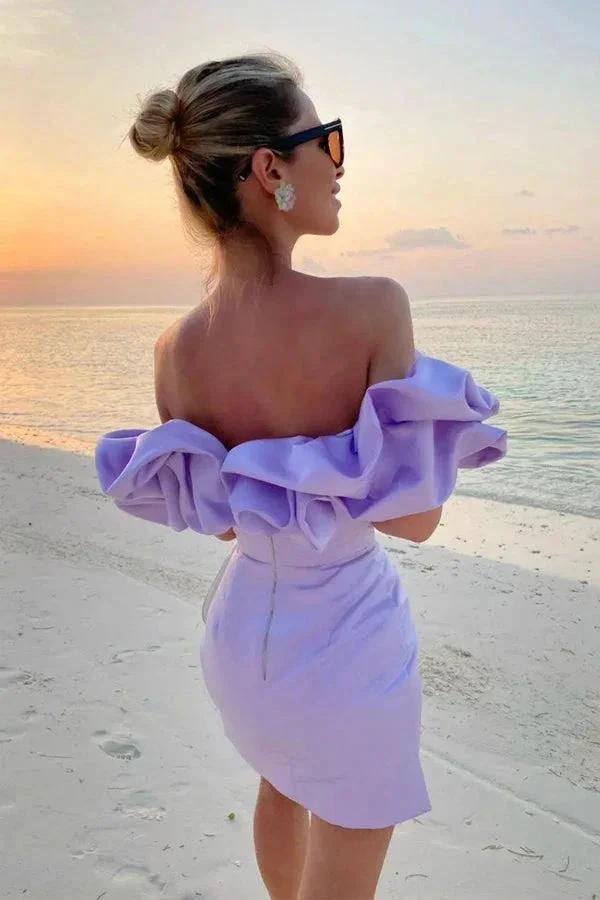 Off Shoulder Sleeveless Satin Mini Homecoming Dress With Ruffles PD540 - Image 4