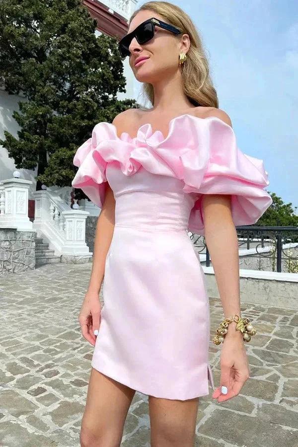 Off Shoulder Sleeveless Satin Mini Homecoming Dress With Ruffles PD540 - Image 6