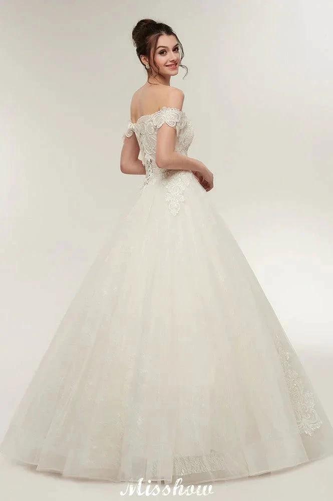 Off-shoulder Sweetheart A-line Lace-up Floor Length Lace Appliques Wedding Dresses - Image 10
