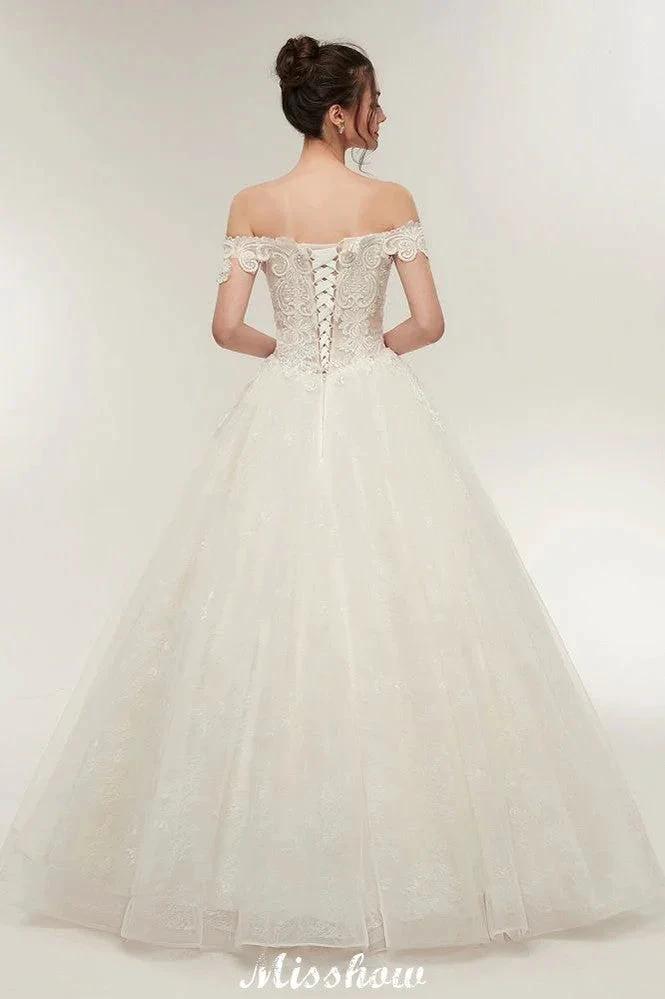 Off-shoulder Sweetheart A-line Lace-up Floor Length Lace Appliques Wedding Dresses - Image 2