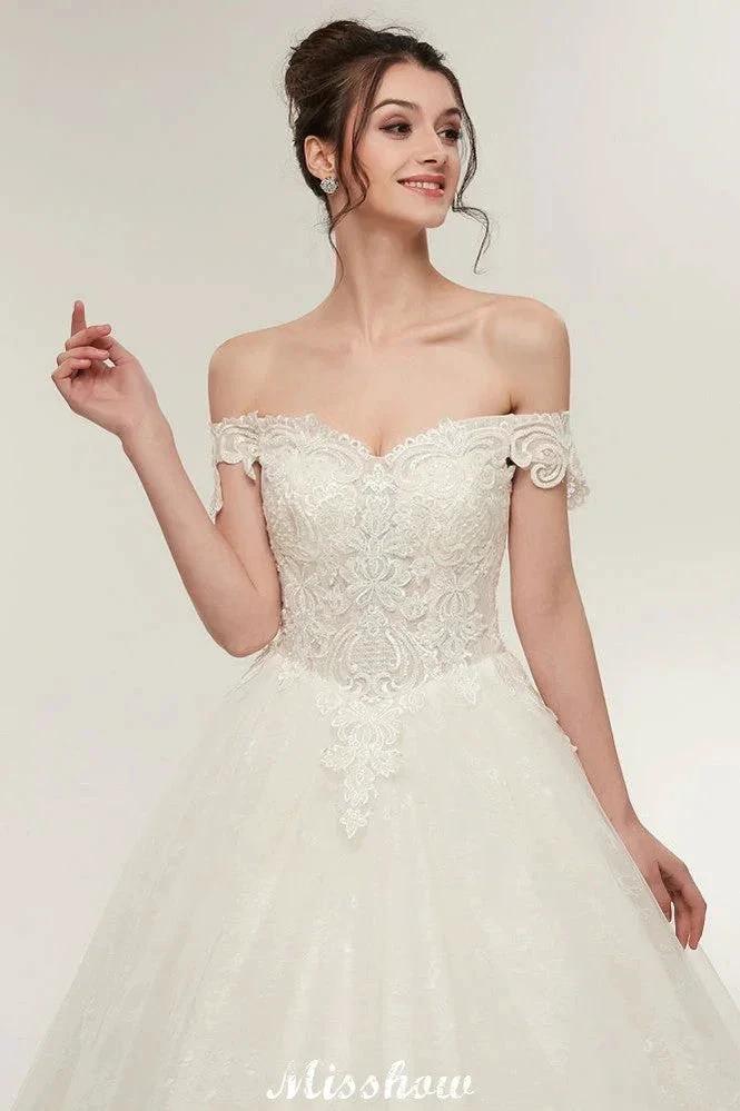 Off-shoulder Sweetheart A-line Lace-up Floor Length Lace Appliques Wedding Dresses - Image 3