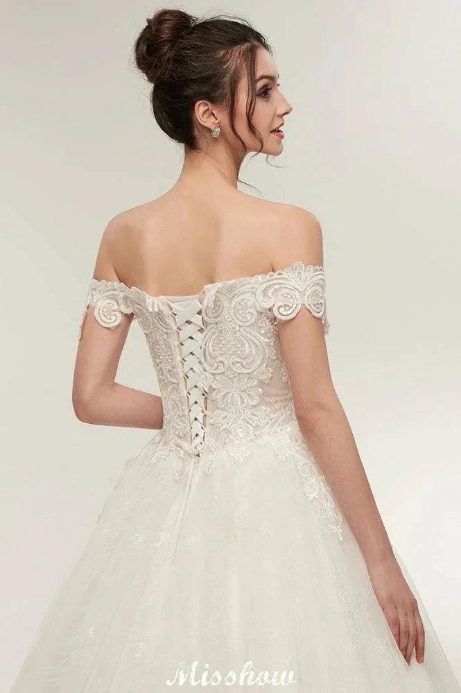 Off-shoulder Sweetheart A-line Lace-up Floor Length Lace Appliques Wedding Dresses - Image 4