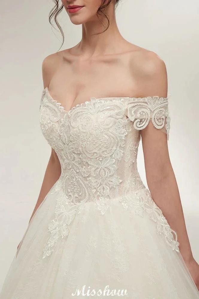 Off-shoulder Sweetheart A-line Lace-up Floor Length Lace Appliques Wedding Dresses - Image 5